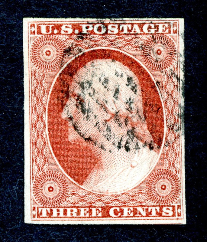 US #10 1851-57 3c George Washington. Used XF