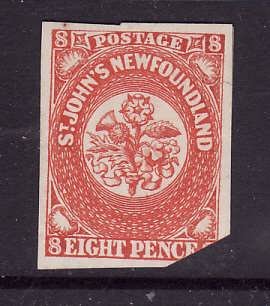 Newfoundland-Sc#8-unused no gum 8d scarlet-1857-id226-small brown spot in top le