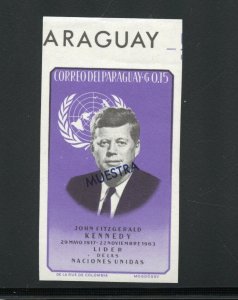 PARAGUAY JOHN F. KENNEDY MEMORIAL IMPERF PROOF STAMP WITH MUESTRA OV'PT  MINT NH