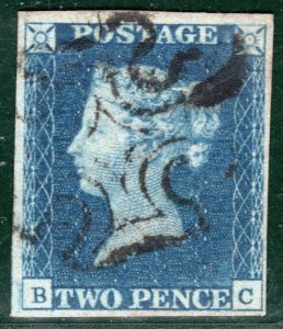 GB 1840 TWO PENCE BLUE QV Stamp SG.5 2d Plate 2 (BC) Used MX Cat £1,000 PRED4