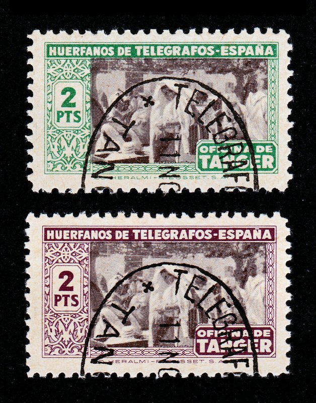 SPANISH MOROCCO HUERFANOS DE TELEGRAFOS TANGER 2 PTS USED 2 STAMPS