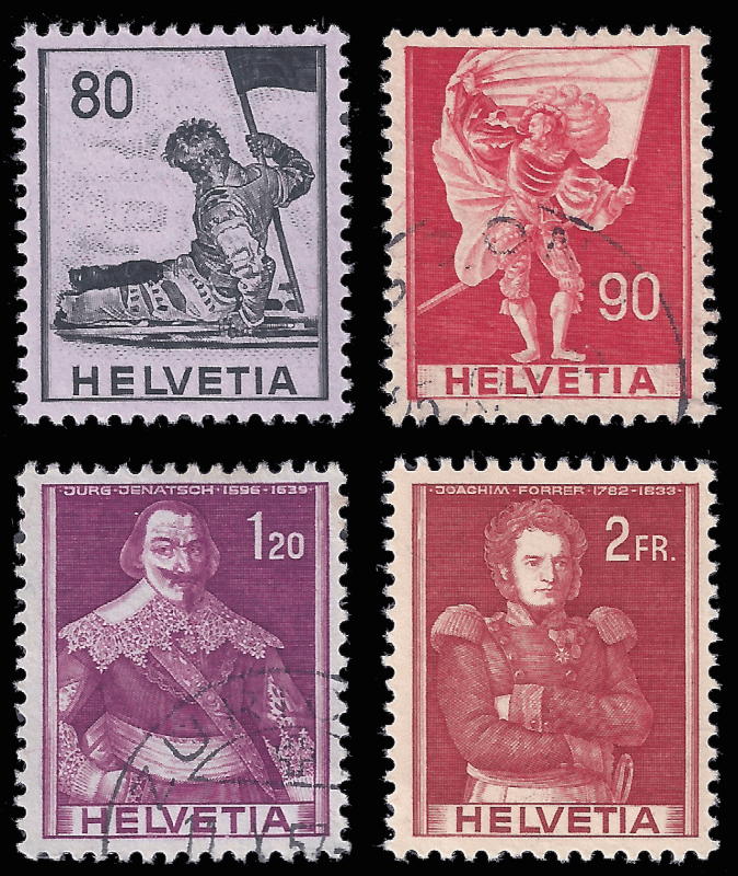 Switzerland 1958 Swiss heroes, tinted paper set Sc 273a, 274a, 276a, 278a