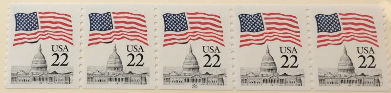 USA 2115b #20 MNH PNC strip of 5 Flag SCV $75.00