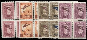 Turkey #C1-5, 1934 Airpost, set in blocks of four, never hinged