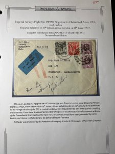 1934 Straits Settlements Airmail Cover Singapore to Chelmsford MA USA Imperial