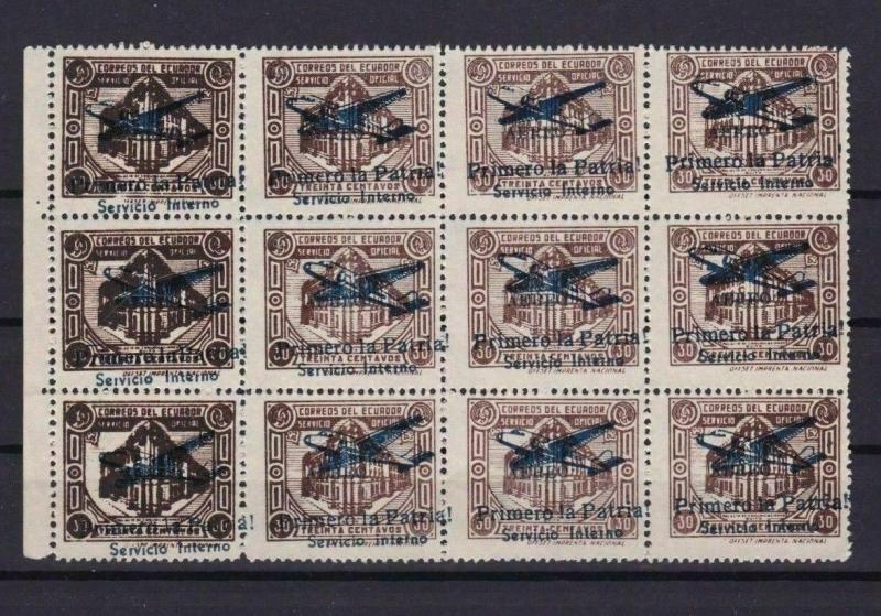 RARE ECUADOR 1947 OFFICIALS OVERPRINTS PRIMERO LA PATRIA ESSAYS PART SHEET R3455