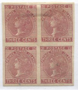 Prince Edward Island 1872 3 cent red Plate Proof block of 4 on thin paper hinged