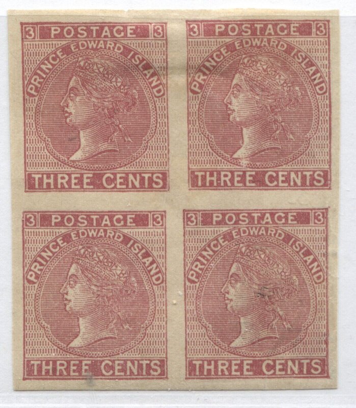 Prince Edward Island 1872 3 cent red Plate Proof block of 4 on thin paper hinged