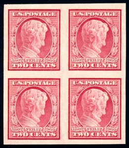 US 368 2c 1909 Lincoln Centenary Abraham Lincoln 3 mm spacing XF NH block of 4