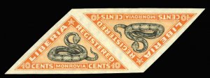 Liberia #F23a Cat$225, 1921 10c Monrovia, imperf. horizontal pair, without gu...