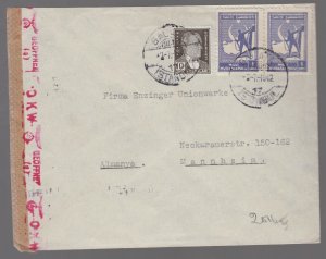 1942 censored Turkey airmail Cover to Mannheim Germany Enzinger Union Werke