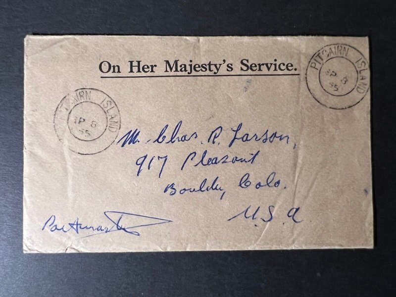 1955 Pitcairn Island Cover to Boulder CO USA On Her Majesty Service OHMS