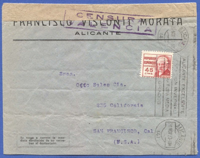 SPAIN 1937 Alicante Civil War Valencia Censored cover to USA - Shipping Seal