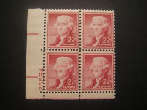 Scott 1033, 2c Thomas Jefferson, PB4 #25594 LL, MNH Liberty Beauty