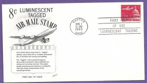 C64a AIRMAIL, TAGGED 1963 U/A FLEETWOOD 8c AIRMAIL 1ST DAY OF ISSUE.