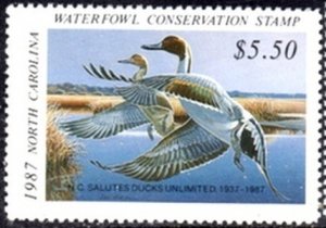 US Stamp 1987 MNH - North Carolina State Pintail Ducks Stamp $5.50 Single.