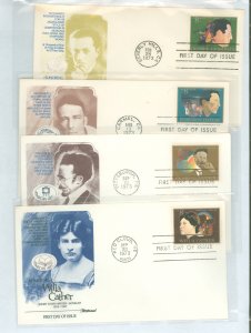 US 1484-1487 1973 8c american arts series, four first day covers, gershwin, jeffers, tanner & cather, unaddressed, all with flee