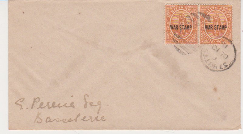 1918 St Kitts & Nevis Scott # MR2 Domestic Used Pair of War Tax Stamps on Cover