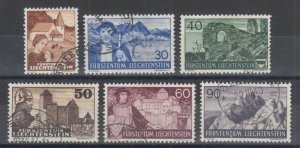 Liechtenstein Sc 141-147 used 1937-1938 Pictorials, run of 6 diff from set F-VF