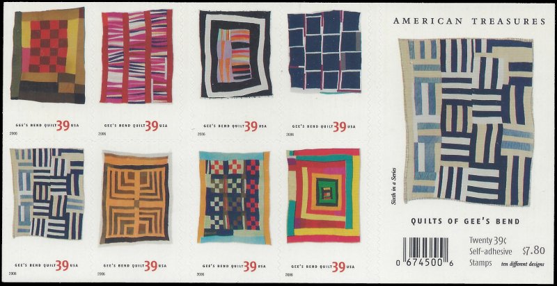 #4089-4098 39c Quilts of Gee's Bend Booklet Pane of 20 2006 Mint NH
