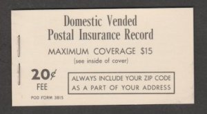 U.S. Scott Scott #QI2 Vended Postal Insurance Record Stamp - Mint NH Booklet