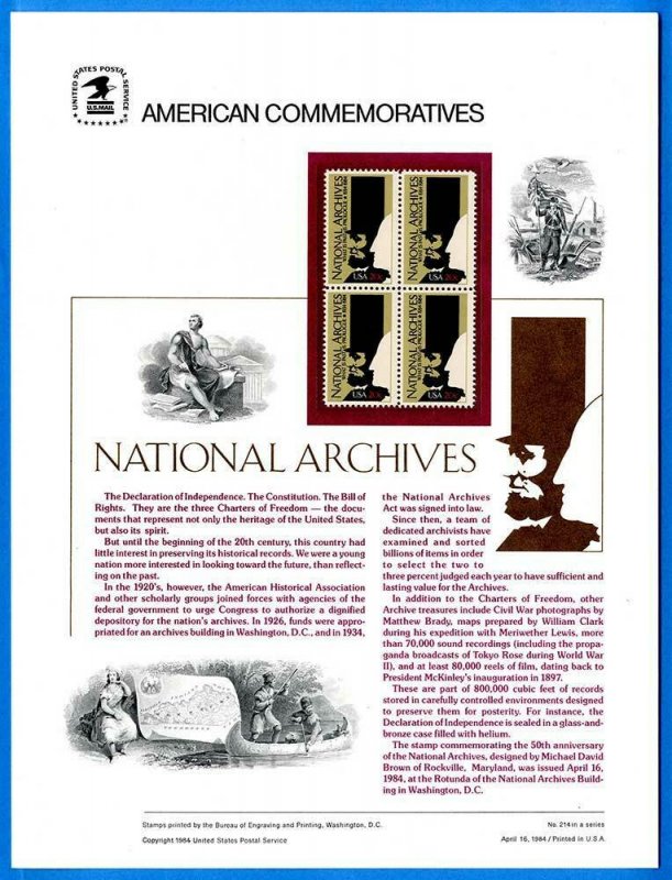 USPS COMMEMORATIVE PANEL #214 NATIONAL ARCHIVES #2081