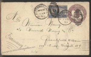 USA 1893 3c Columbian Upfranked Postal Stationery Frankfurt Germany Cover 112943