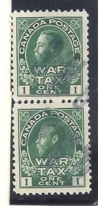 CANADA # MR1 WAR TAX DARK GREEN SHADE PAIR REICHE RETOUCH #3 VF USED BS23772