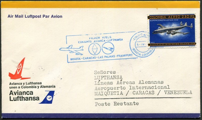 Colombia Bogota to Caracas Venezuela Avianca Lufthansa 1973 First Flight Cover