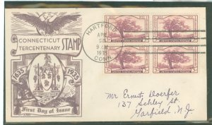 US 772 1935 3c Connecticut Tercentenary (Charter Oak) bl of 4 on an addressed FDC with a Dyer cachet
