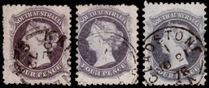 South Australia Scott 46a, 46d, 46e (1867-68) Used F, CV $61.50 M