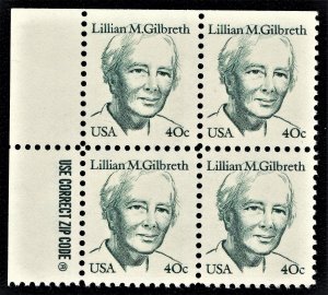 US 1868 MNH VF 40 Cent Lillian M. Gilbreth Industrial Engineer Zip Blk of 4