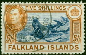 Falkland Is 1938 5s Indigo & Pale Yellow-Brown SG161b Fine Used Holcombe Cert...