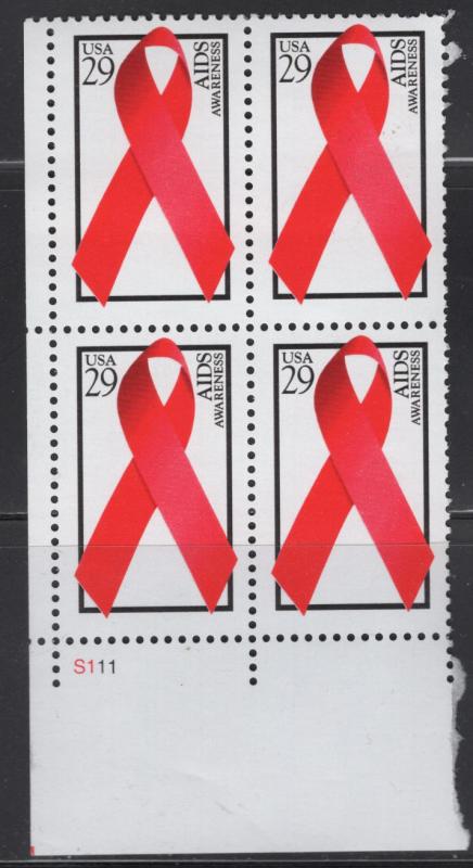 US  2806 MNH AIDS AWARENESS ISSUE PLATE BLOCK  OF 4