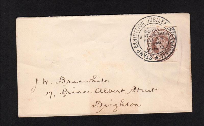 1912 STAMP EXHIBITION CANCEL USED ON POSTAL STATIONERY CUT-OUT ON COVER