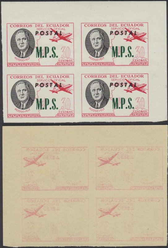 ECUADOR 1949 ROOSEVELT OFFICIAL Bts O227 CRN MGNL IMPERF BLOCKx4 OFFSET IMPRESSN 