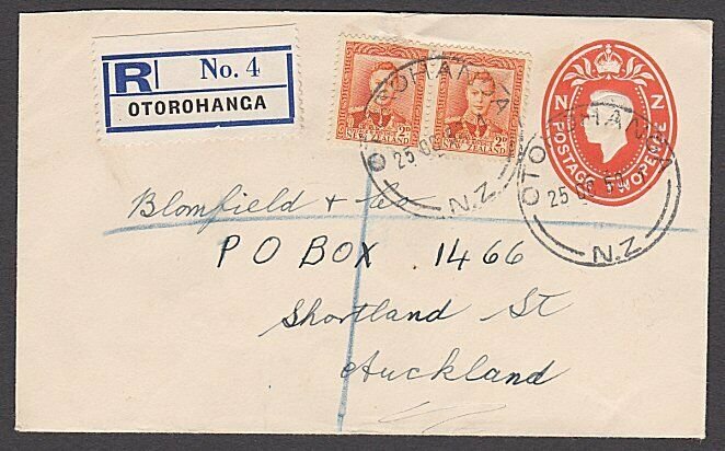 NEW ZEALAND 1950 GVI 2d envelope uprated - Registered ex OTOROHANGA.........B575