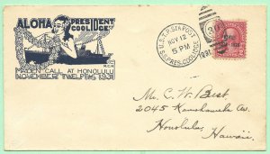 11/12/1931 cover USTP Sea Post SS Pres Coolidge Hawaii Overprinted #647 Honolulu