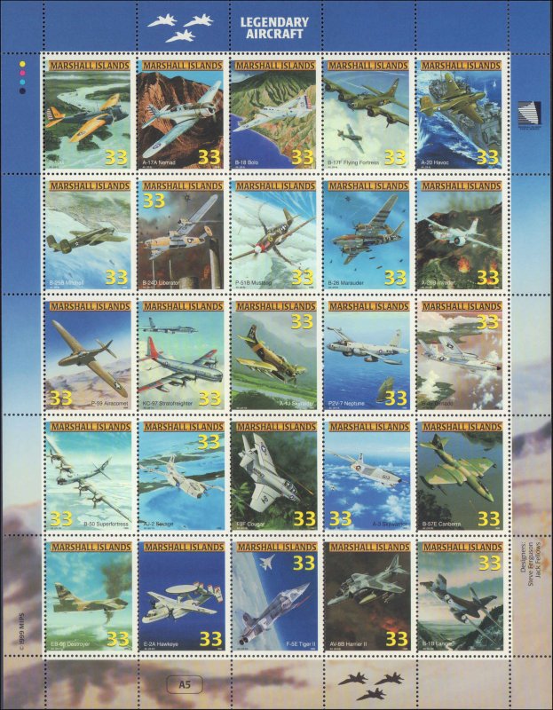 Marshall Islands #708, Complete Set, Sht of 25, 1999, Aviation-Airplanes, NH