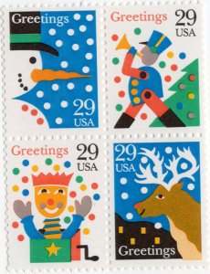 Scott #2794a Christmas Greetings (Rudolph, Snowman)  Block of 4 Stamps - MNH