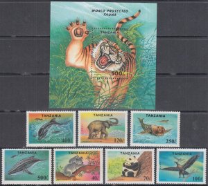 TANZANIA Sc # 1287-94 CPL MNH SET of 7 + S/S - WORLD PROTECTED FAUNA