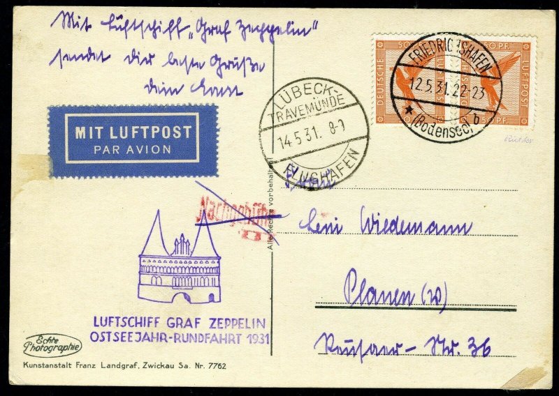 GERMANY FRIEDRICHSHAFEN 5/12/31 RUNDFAHRT ZEPPELIN FLIGHT CARD TO LUBECK 5/14/31 