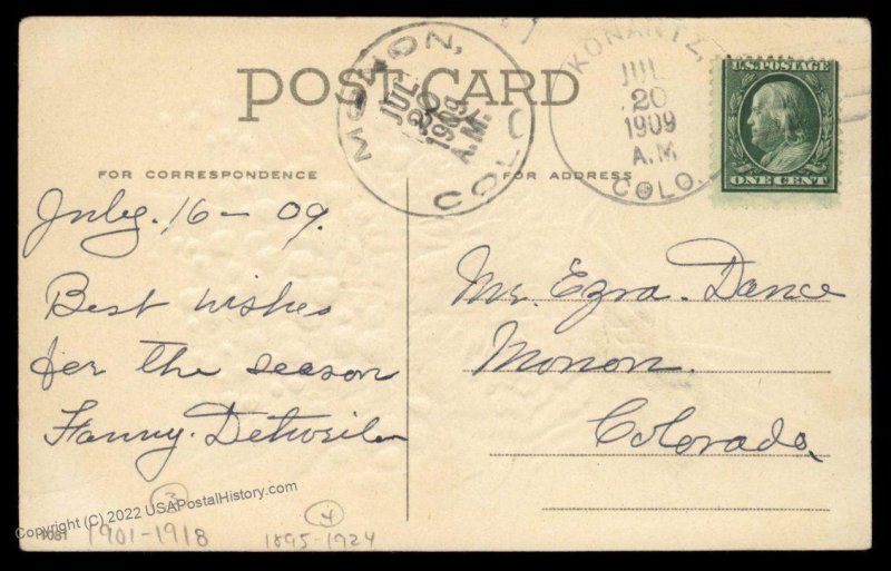 USA 1909 Konantz Colorado DPO Helbock R4 Monon CO R3 Cover 92680