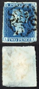 1841 2d Blue (LI) (stamp has a thin) Maltese Cross postmark