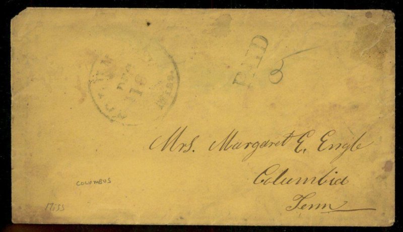 CSA 1861 Columbus GA Georgia Civil War Confederate Stampless Paid 5 Cover 92867