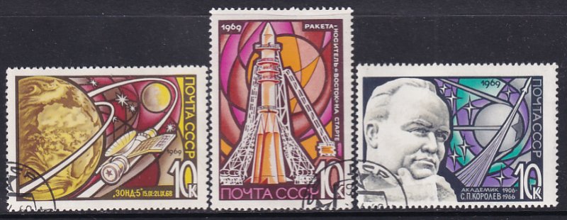 Russia 1969 Sc 3578-80 Vostok Launching Zond 2 Moon Orbit Soyuz 3 Stamp CTO