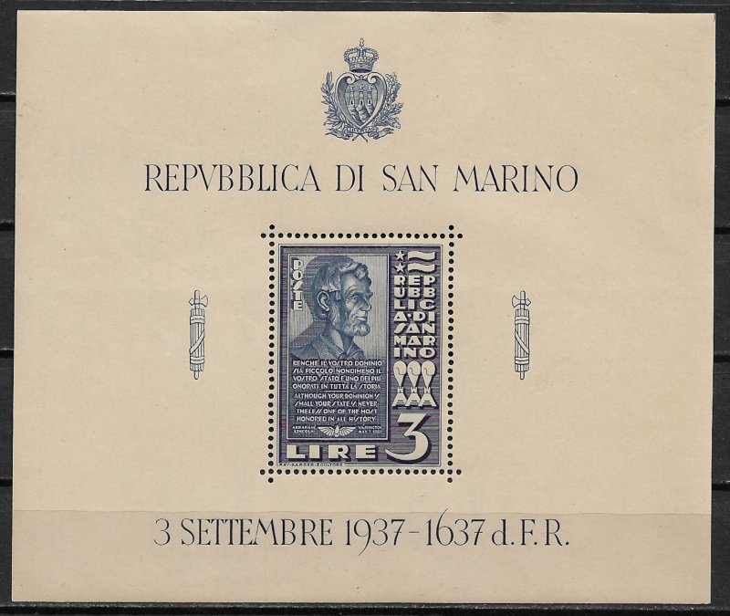 1938 San Marino 186  3L Dedication of a Lincoln Bust MNH OG S/S