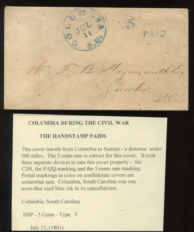 Confederate Columbia South Carolina Stampless 'PAID 5' Cover CSA CV $200 LV6679