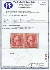 US 353 UNUSED GUIDE LINE PAIR OG PH, 2c WASHINGTON, 1909, 2019 & 2001 PF certs