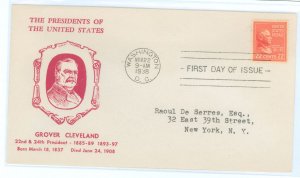 US 827 1938 22c Grover Cleveland on an addressed FDC with a hux cut cachet.